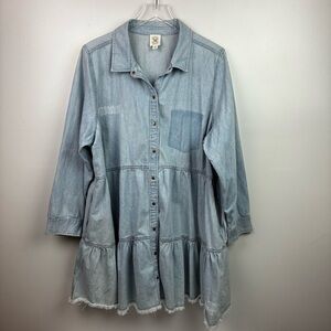 True Craft Denim Chambray Dress Ruffled Raw Hem Snap Front - So Cute!